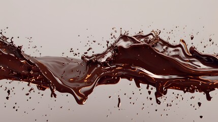 Realistic creamy chocolate long wave liquid, splashing droplets in long flow, Choco syrup or cocoa drink, dark brown, isolated on color background. copy space, mockup.