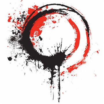 Abstract black and red paint brushstroke circle. Enso zen ink brush style symbol set