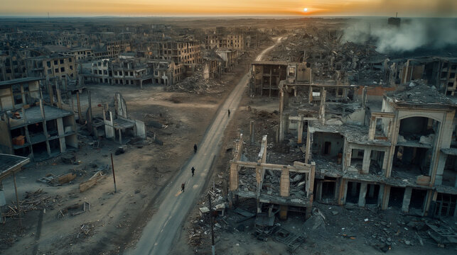 War destruction city buildings aerial view
