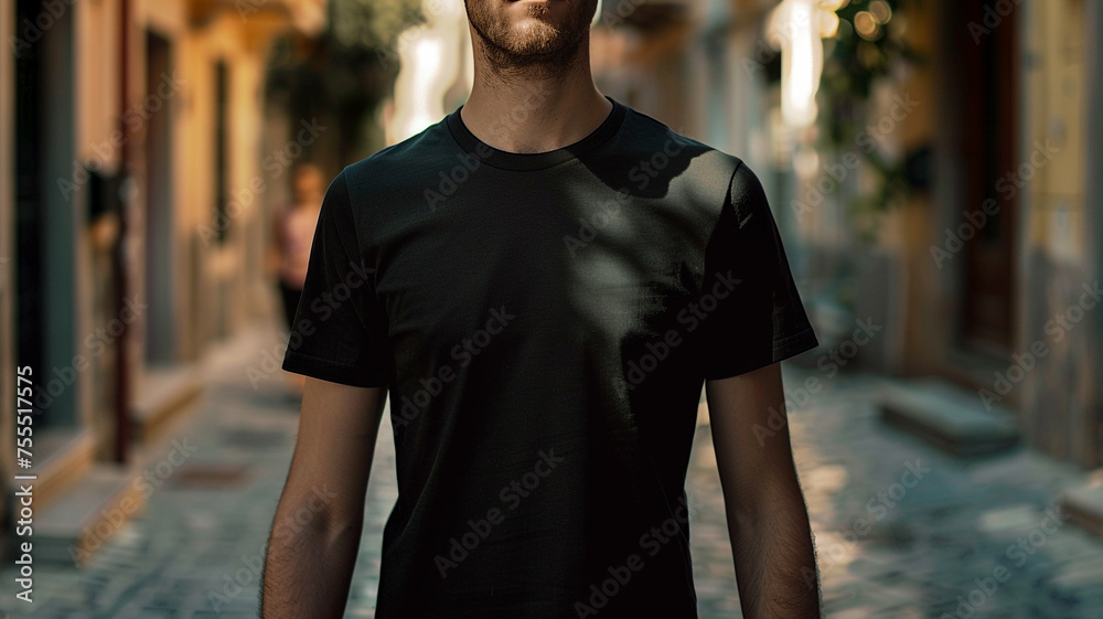 Sticker A male model standing during the daytime, wearing a black t-shirt