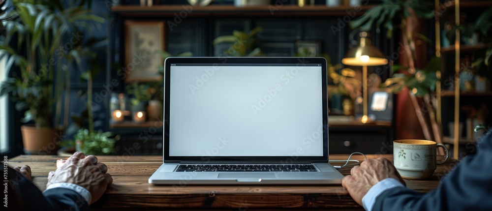 Aufkleber A close-up shot of a businessman working on a laptop computer with a blank screen on a wooden desk as a design concept