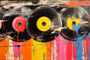 Grunge collage with vinyl records and pop art graffiti in vibrant colors bursting with energy