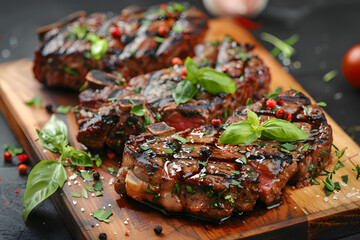 Tasty grilled steaks on wooden board