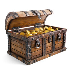 Open Pirate Treasure Chest with full of coins cutout PNG. wooden antique box isolated on...