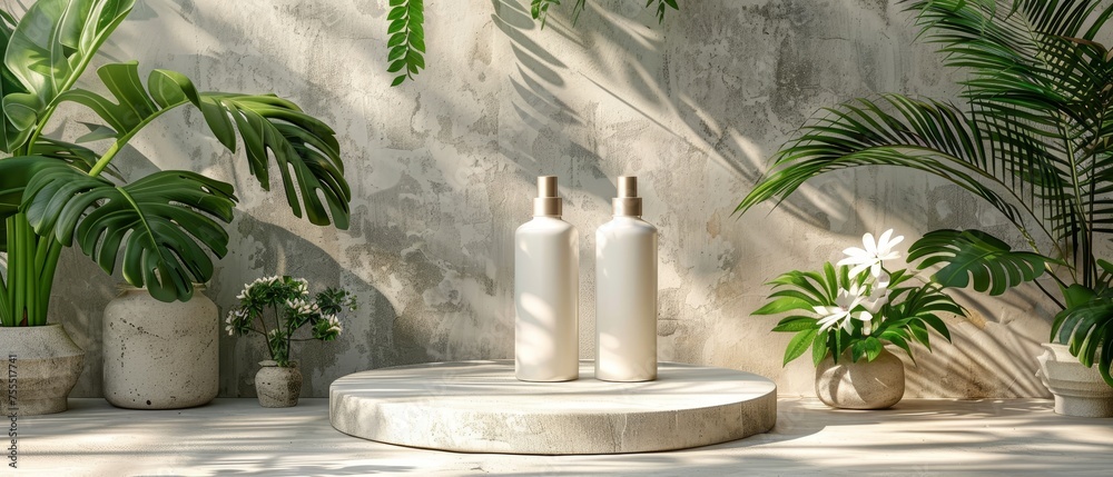 Aufkleber object isolate clipping path included. 3d render illustration of a cosmetic bottle podium and green 