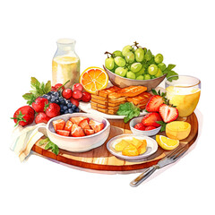 Board with Delicious breakfast Watercolor illustration on white background AI generated - 755517706