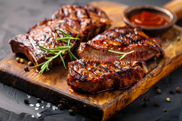 Tasty grilled steaks on wooden board