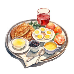 Board with Delicious breakfast Watercolor illustration on white background AI generated - 755517790