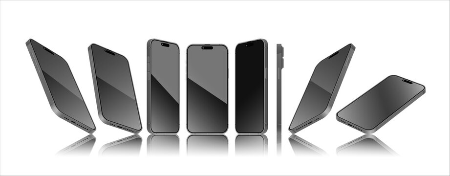 Smartphone mockup in different angles with editable Screen. 3D perspective view mobile phone mockup. Front, perspective side view template. Vector.