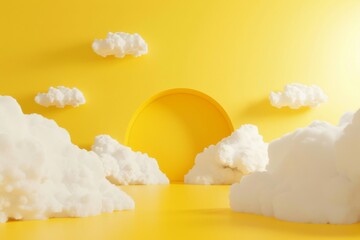yellow background with white clouds flying out the tunnel 3d Illustrations Bubbles shapes Business background