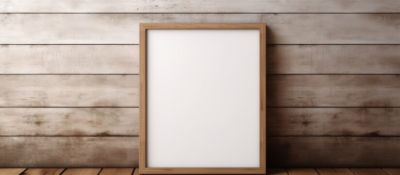 An empty picture frame is placed on a wooden floor. The frame is devoid of any image or artwork, creating a blank space within its borders.