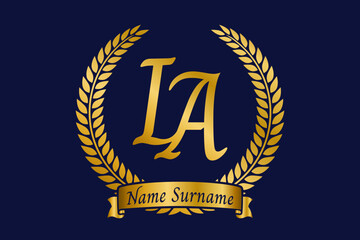 Initial letter I and A, IA monogram logo design with laurel wreath. Luxury golden calligraphy font.