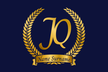 Initial letter J and Q, JQ monogram logo design with laurel wreath. Luxury golden calligraphy font.