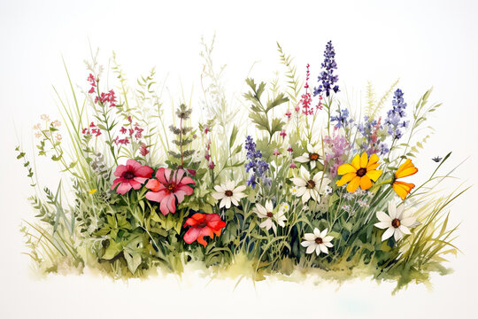 line of grass with wild flowers in watercolor design generative ai