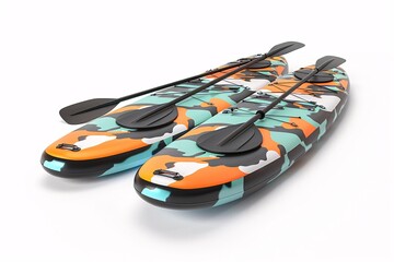 a pair of paddle boards with black paddles