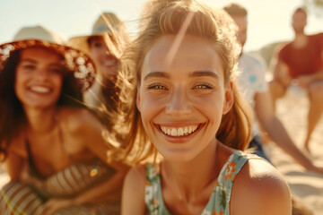 A beaming young woman with friends in the background at a beach party