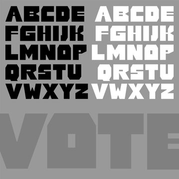 Abstract alphabet in black and white.
A font set of letters of simple shapes, thick, sans serif.