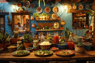 A charming Mexican cantina with pitchers of margaritas, plates of tacos, and bowls of spicy salsa. 