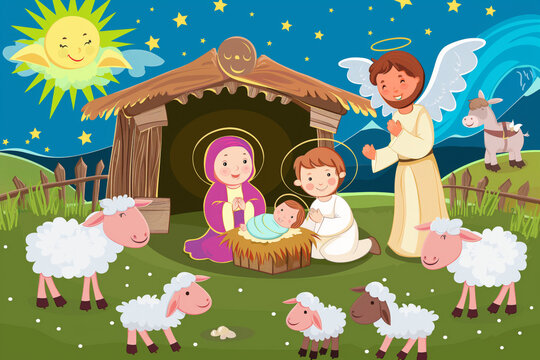 Baby Jesus nativity scene cartoon illustration