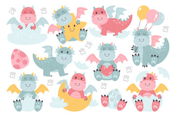 Obraz premium Baby shower cute cartoon character of baby dragon prehistoric period creature isolated set