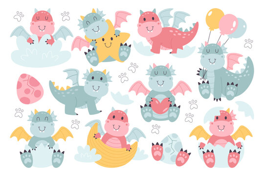 Baby shower cute cartoon character of baby dragon prehistoric period creature isolated set