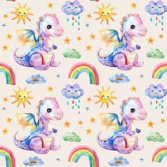 Rainbow watercolor pattern with cute dinosaur and clouds and sunshine and rainbow, kids pattern for printing on clothes and textiles, cute dinosaur multicolored, seamless dinosaur pattern 