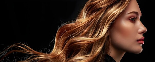 Woman showcasing balayage hair on a dark backdrop. Concept Hair Styling, Balayage Technique, Dark Background, Portrait Photography, Female Model - obrazy, fototapety, plakaty