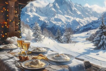Fototapeta premium A cozy winter chalet with plates of fondue, glasses of mulled wine, and a view of snow-capped mountains.