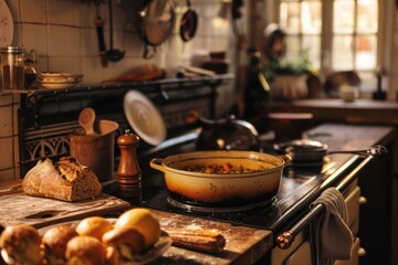 Fototapeta premium A cozy kitchen scene with a bubbling pot of homemade soup on the stove and freshly baked bread cooling on the counter. 