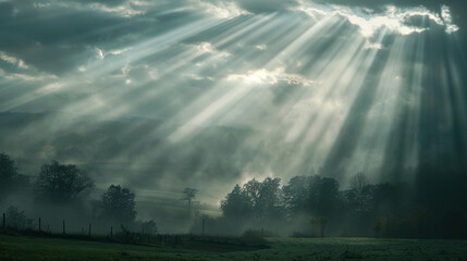 Sun rays breaking through misty clouds during a peaceful morning