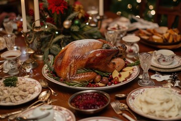 A festive holiday dinner table adorned with roast turkey, mashed potatoes, cranberry sauce, and all the trimmings. 