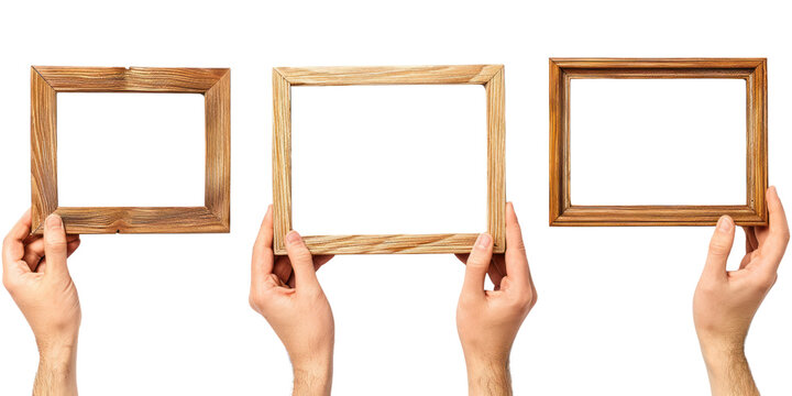 Empty Wooden Frame Held by Hands isolated on Transparent Background. Wooden Frame with copy space