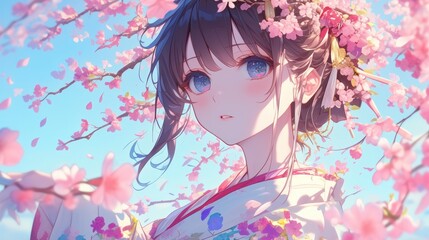 girl with kimono under sakura tree