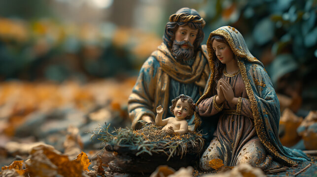 Christmas nativity scene with Mary, Joseph, looking down on baby Jesus in his manger