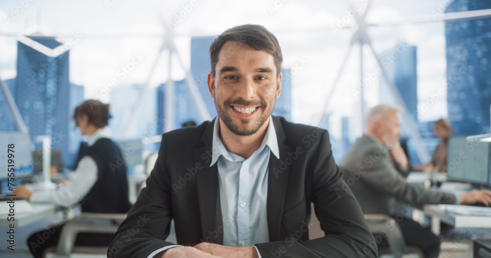 Aufkleber point of view from camera with handsome entrepreneur sitting down on his workplace in diverse skyscr