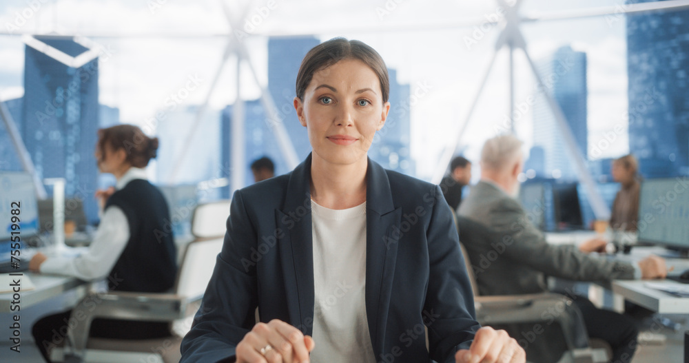 Poster point of view from camera with experienced caucasian businesswoman talking with clients on video cal