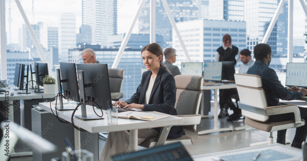 Poster Focused Female Data Analyst Typing On Desktop Computer In Bright and Diverse Corporate Office With Megapolis Window View. Professional Caucasian Woman Working In Consulting Company With Colleagues.