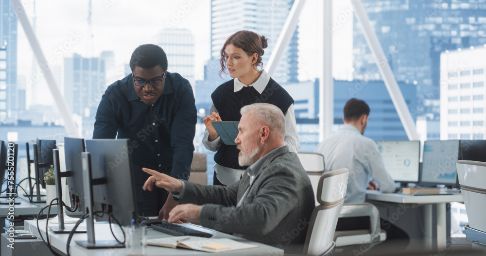 Poster Diverse Colleagues Talking In Front Of Desktop Computer In Corporate Office With Megapolis Window View. Caucasian Male Developer Showing New Code To African CEO And His Female Assistant With Tablet.