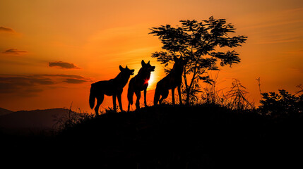Fototapeta na wymiar Giraffes standing together on a hilltop