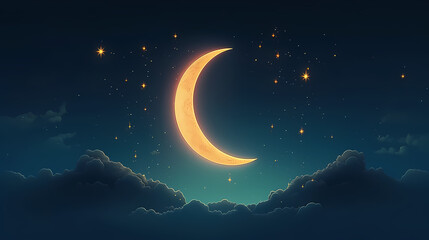 Naklejka na ściany i meble Starry night with glowing islamic crescent moon, Ramadan