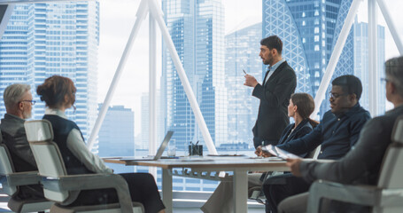 Office Conference Room Meeting Presentation: Caucasian CEO Talking and Gesturing in front of Diverse Investors. Mockup Template for Augmented Reality Edits. Multi-Ethnic e-Commerce Startup Workers.