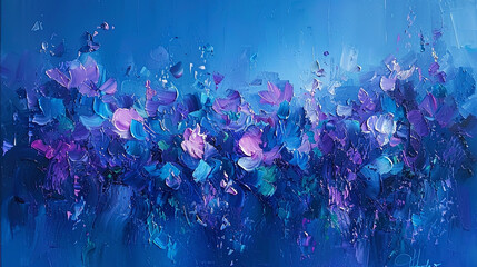 Painting featuring purple flowers against a blue backdrop