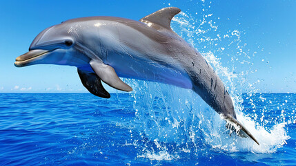 A dolphin leaps out of the ocean
