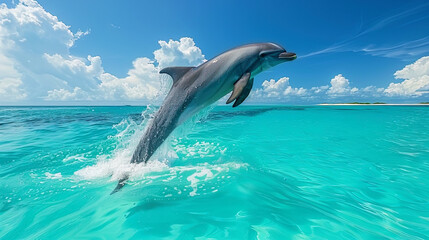 Fototapeta premium A dolphin leaps out of the ocean with a graceful arc against a clear blue sky
