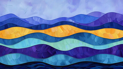 Abstract painting depicting a wave in shades of blue, yellow, and purple