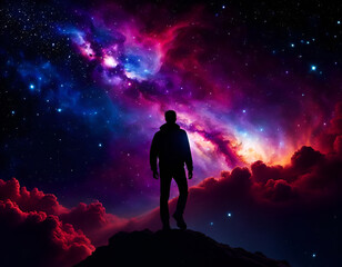Man facing endless universe with sparkling stars, galaxies, and nebulas in outer space. Amazing Cosmos Background. Digital illustration. CG Artwork Background