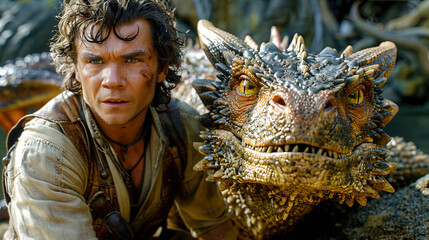 A man confronts a dragon in a tense moment from the movie How to Train Your Dragon - obrazy, fototapety, plakaty