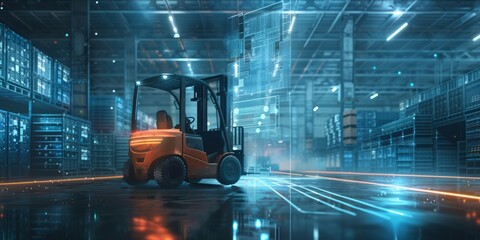 Forklift in futuristic warehouse with digital interface.