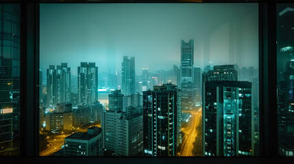 A cityscape view at night seen through a window - obrazy, fototapety, plakaty