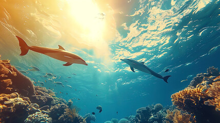 Two dolphins gracefully swim in the deep blue ocean - obrazy, fototapety, plakaty